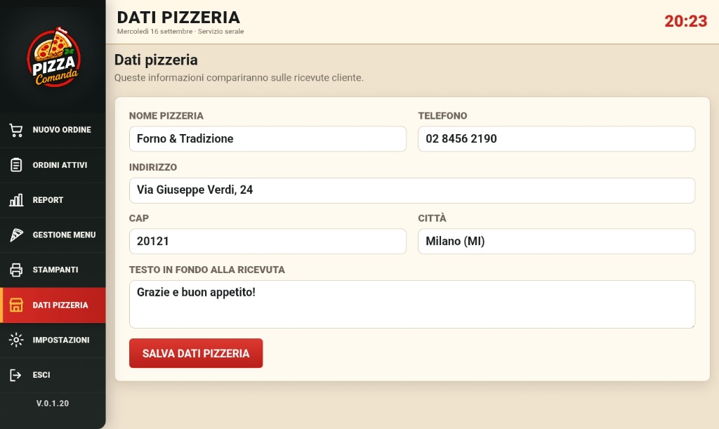 Schermata Dati Pizzeria e Stampanti Pizza Comanda