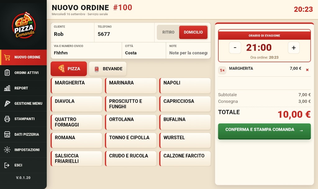 Schermata interfaccia Pizza Comanda su tablet