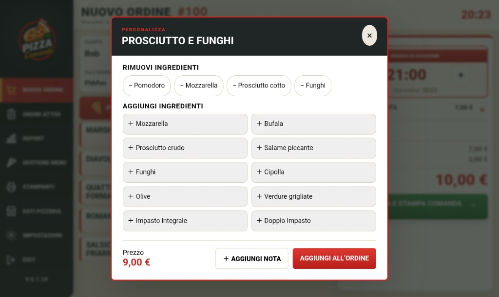Schermata Personalizzazione Ingredienti Pizza Comanda